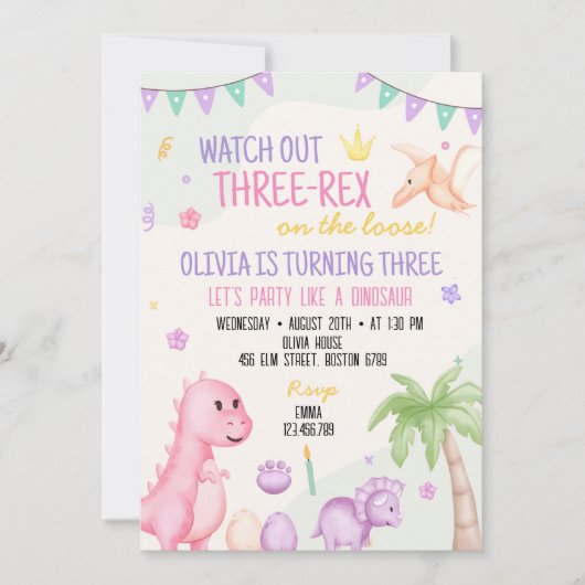 かわいい女の子の恐竜の誕生日パーティーの招待状 招待状 (正面)