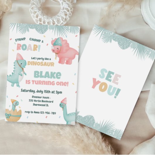 かわいい女の子の恐竜の誕生日パーティーの招待状 招待状