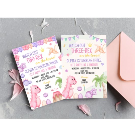かわいい女の子の恐竜の誕生日パーティーの招待状 招待状