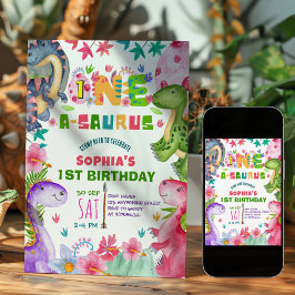 かわいい女の子の恐竜の1歳の誕生日招待状 招待状