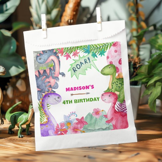 かわいい女の子の恐竜の4歳の誕生日パーティー フェイバーバッグ