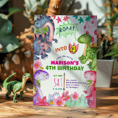 かわいい女の子の恐竜の4歳の誕生日招待状 招待状