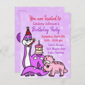 かわいい女の子の恐竜バースデーパーティ招待状 インビテーションポストカード (正面/裏面)