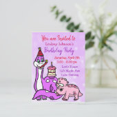 かわいい女の子の恐竜バースデーパーティ招待状 インビテーションポストカード (スタンド正面)
