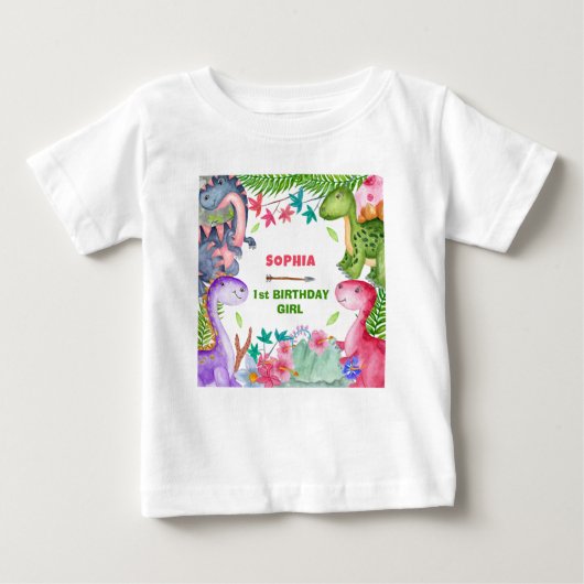 かわいい女の子の恐竜1歳の誕生日パーティー ベビーTシャツ (正面)