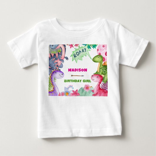 かわいい女の子の恐竜4歳の誕生日パーティー ベビーTシャツ (正面)