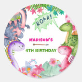 かわいい女の子の恐竜4歳の誕生日パーティー ラウンドシール (正面)