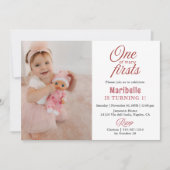 かわいい女の子の最初の誕生日パーティー招待状「多くの初めての一つ」写真2枚付き 招待状 (正面)