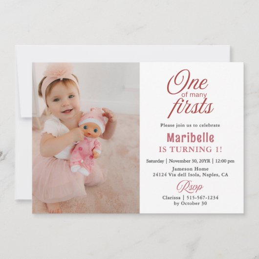 かわいい女の子の最初の誕生日パーティー招待状「多くの初めての一つ」写真2枚付き 招待状 (正面)