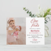 かわいい女の子の最初の誕生日パーティー招待状「多くの初めての1つ」写真2枚付き 招待状 (スタンド正面)