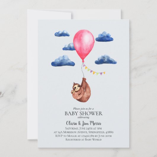 かわいい女の子の水の色のナマケモノと名前ベビーシャワー 招待状 (正面)