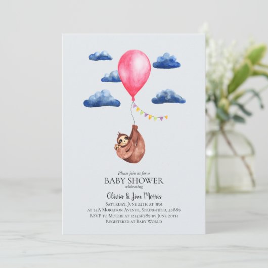 かわいい女の子の水の色のナマケモノと名前ベビーシャワー 招待状 (スタンド正面)