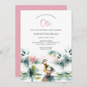 かわいい女の子の水色アヒル誕生日パーティー 招待状 (正面/裏面)