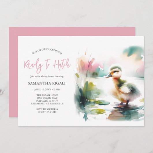 かわいい女の子の水色アヒル赤ちゃんシャワー 招待状 (正面/裏面)