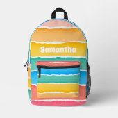 かわいい女の子の水色レインボーストライプズの名前 プリントバックパック (正面)