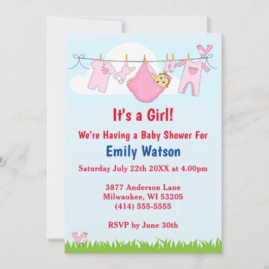 かわいい女の子の物干しハートボホベイビーシャワー 招待状 (正面)