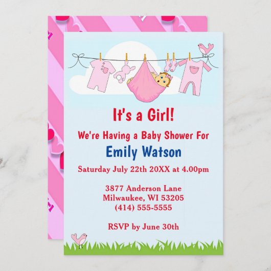 かわいい女の子の物干しハートボホベイビーシャワー 招待状 (正面/裏面)