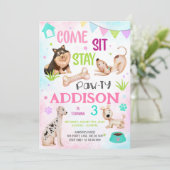 かわいい女の子の犬の誕生日パーティー 招待状 (スタンド正面)