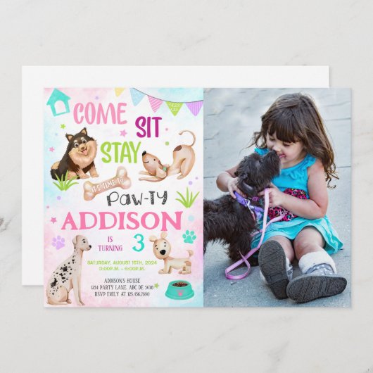 かわいい女の子の犬の誕生日ポーティ写真 招待状 (正面/裏面)