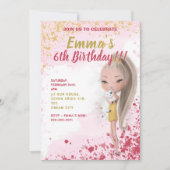 かわいい女の子の猫の水色の子供の招待 案内状 (正面)