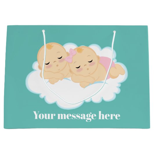 かわいい女の子の男の子がメッセージを加える ラージペーパーバッグ (正面)