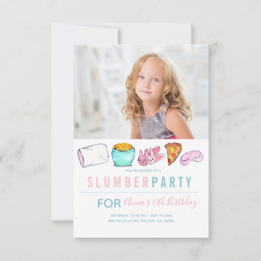 かわいい女の子の眠りパーティーの上に招待状 招待状 (正面)
