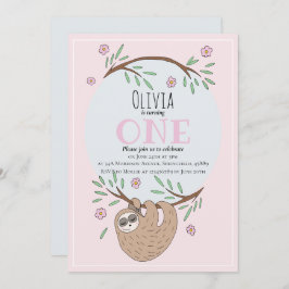 かわいい女の子の眠るナマケモノ名1st誕生日 招待状