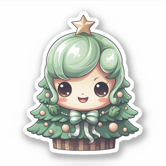 かわいい女の子の笑顔グリーンかわいいクリスマスツリー シール (正面)