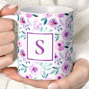 かわいい女の子の紫の花のモノグラム コーヒーマグカップ