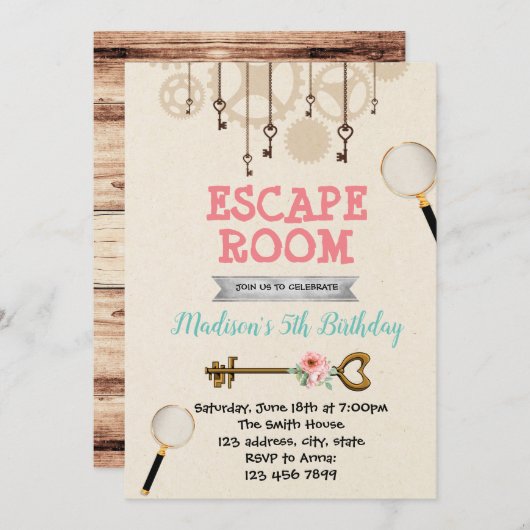 かわいい女の子の脱出部屋のパーティの招待状 招待状 (正面/裏面)