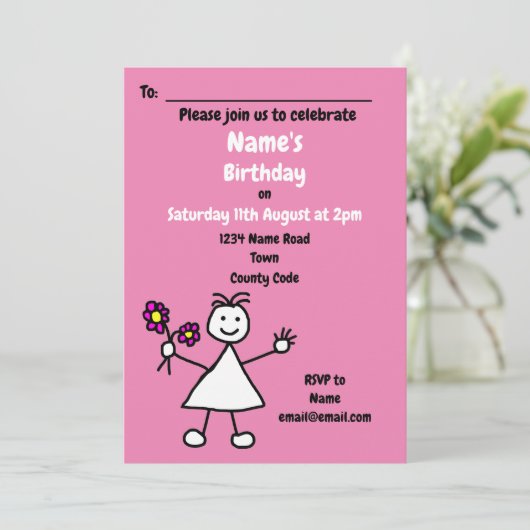 かわいい女の子の花ピンクの誕生日パーティーの招待状 招待状 (スタンド正面)