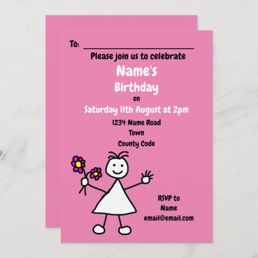 かわいい女の子の花ピンクの誕生日パーティーの招待状 招待状 (正面/裏面)