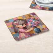 かわいい女の子の花瓶の花キュービストコースターセット スクエアペーパーコースター (アングル)