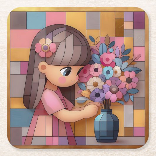 かわいい女の子の花瓶の花キュービストコースターセット スクエアペーパーコースター (正面)