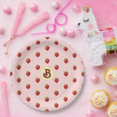 かわいい女の子の苺ピンク名前のモノグラム ペーパープレート (パーティー)