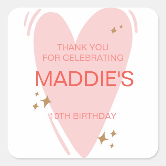 かわいい女の子の誕生日パーティー好意ピンクハート スクエアシール (正面)