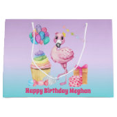 かわいい女の子の誕生日フラミンゴ追加の名前 ラージペーパーバッグ (正面)