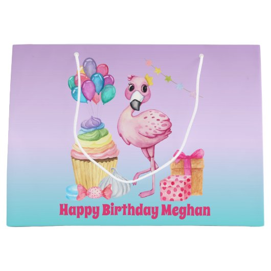 かわいい女の子の誕生日フラミンゴ追加の名前 ラージペーパーバッグ (正面)