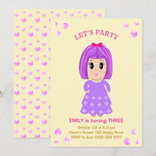 かわいい女の子の誕生日招待状 招待状 (正面/裏面)