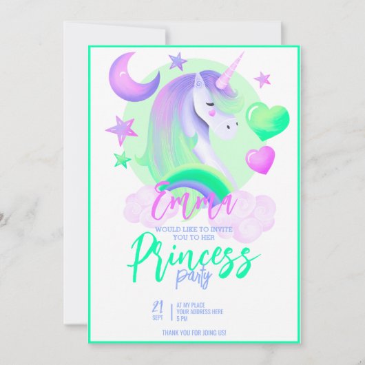 かわいい女の子の誕生日紫の水色ユニコーン 招待状 (正面)