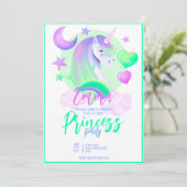 かわいい女の子の誕生日紫の水色ユニコーン 招待状 (スタンド正面)