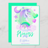 かわいい女の子の誕生日紫の水色ユニコーン 招待状 (正面/裏面)