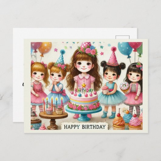 かわいい女の子の誕生日 ポストカード (正面/裏面)