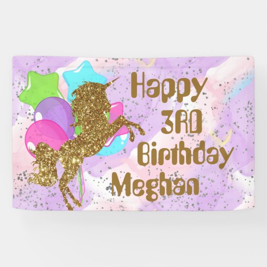 かわいい女の子の誕生日・ユニコーンにネームパーティー 横断幕 (横)