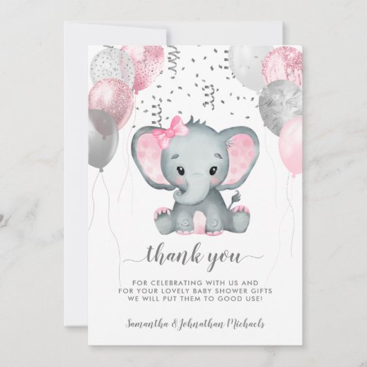 かわいい女の子の象の風船が赤ちゃんシャワーでドライブ サンキューカード (正面)