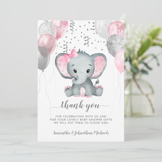 かわいい女の子の象の風船が赤ちゃんシャワーでドライブ サンキューカード (スタンド正面)