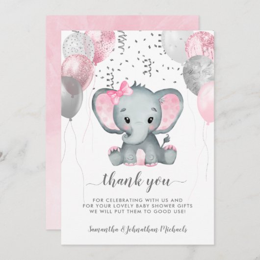 かわいい女の子の象の風船が赤ちゃんシャワーでドライブ サンキューカード (正面/裏面)