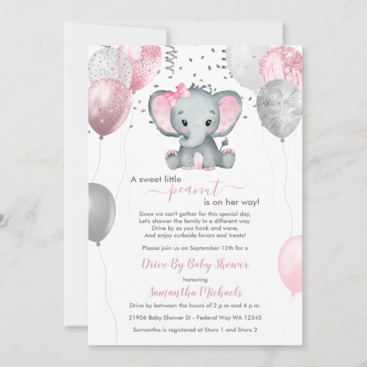 かわいい女の子の象の風船が通り過ぎるベビーシャワー 招待状 (正面)