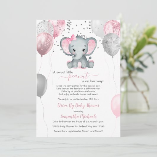 かわいい女の子の象の風船が通り過ぎるベビーシャワー 招待状 (スタンド正面)