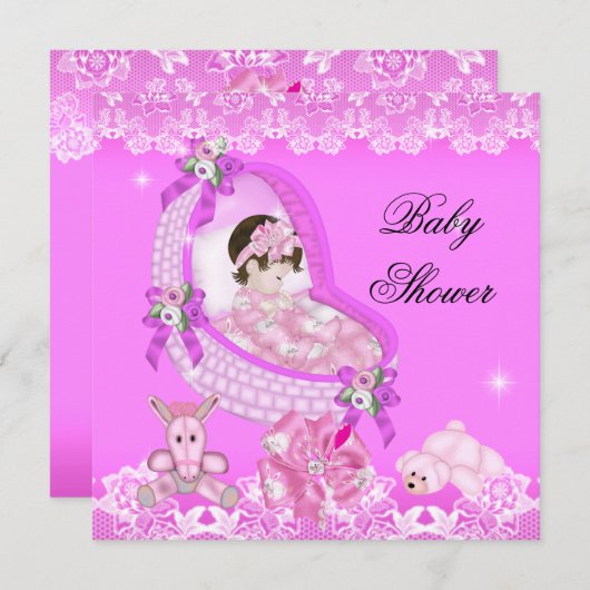 かわいい女の子の赤ちゃんシャワーパーティーピンクホワイトレース 招待状 (正面/裏面)